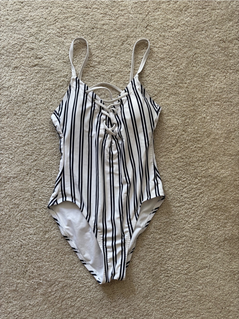 Nautica Navy & White Striped Lace-Up One-Piece Swimsuit